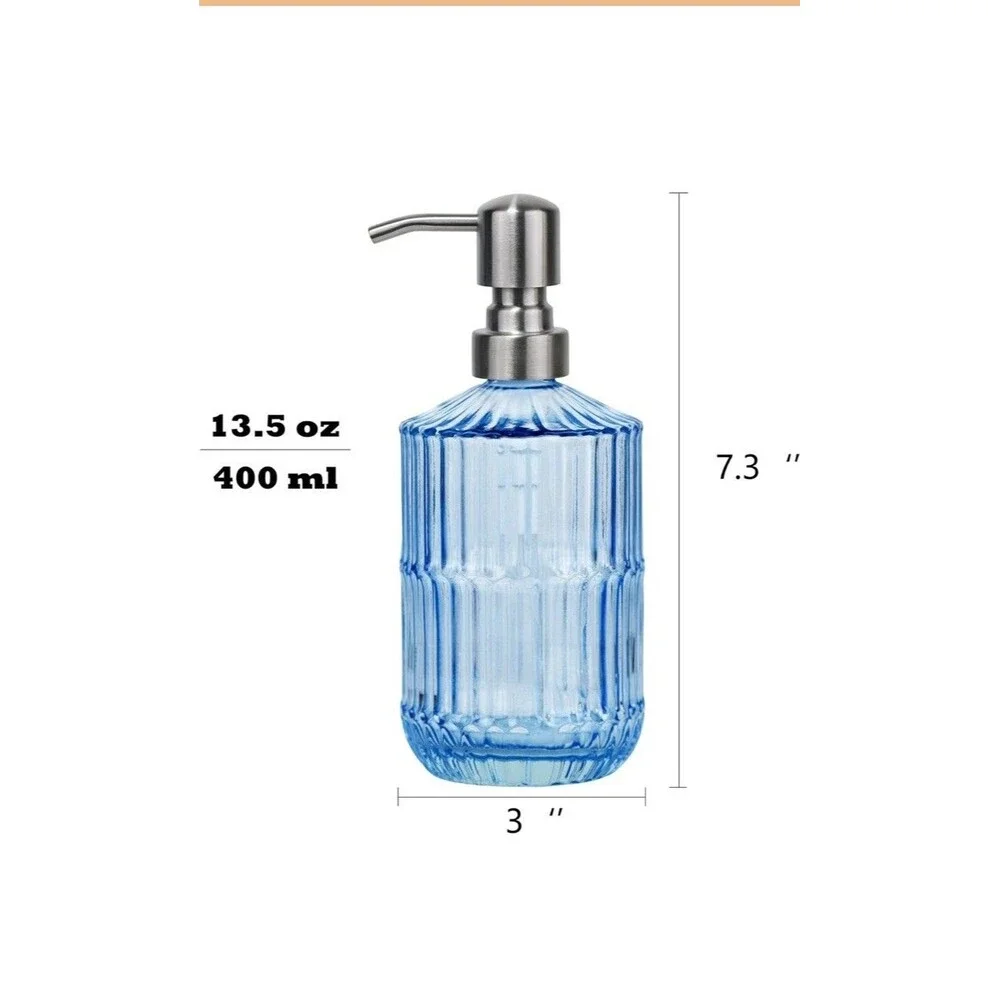 14 Oz Glass Soap Dispenser with Vintage Stainless Pump, Refillable Hand Soap